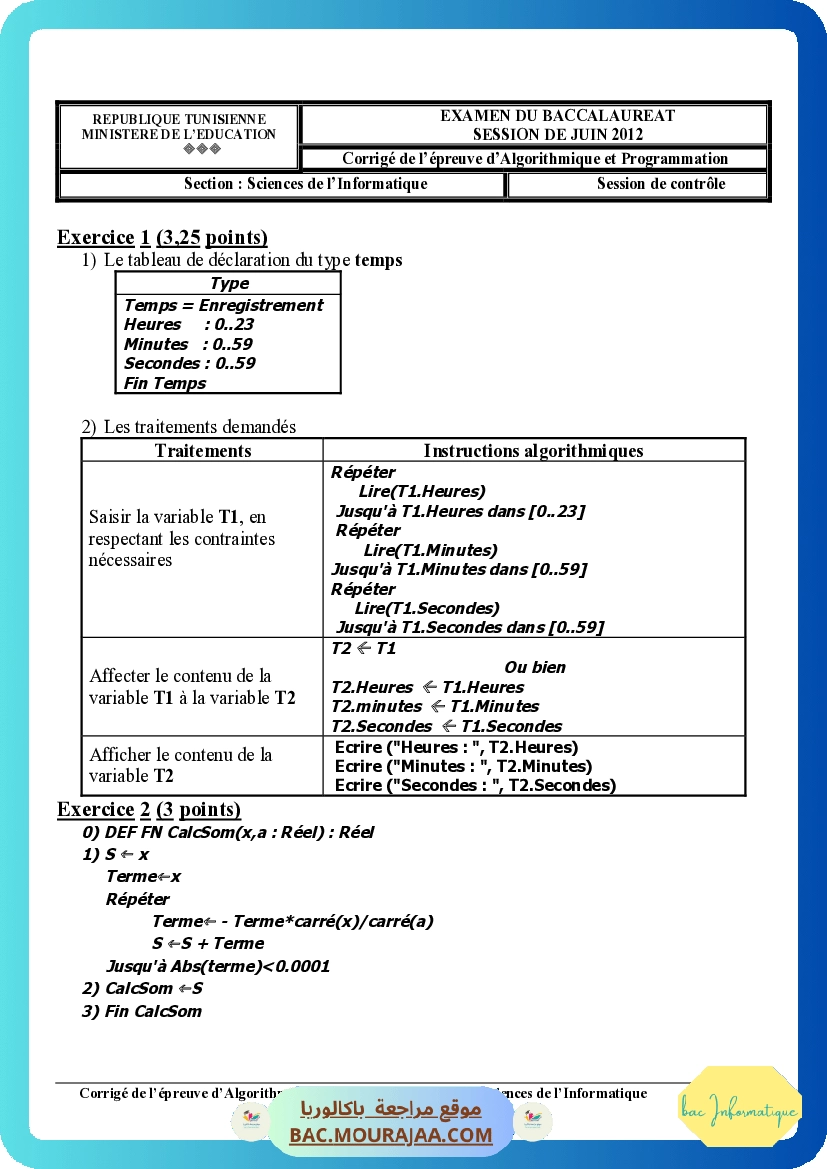 Corrigé controle algorithme Bac 2012 – Section info